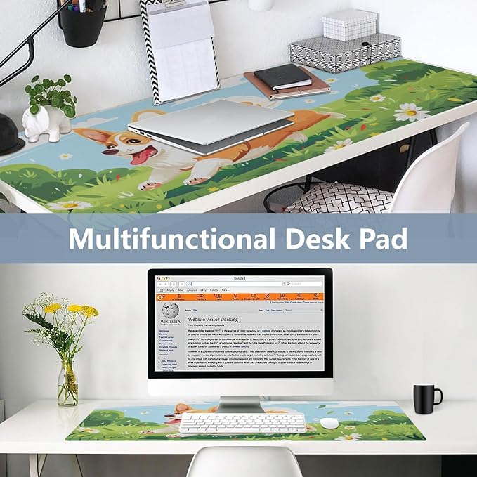 Mouse Pad Desk Mat Leather Desk Pad Large Gaming Desk Cover Protector Mat for Keyboard Computer Laptop Office Waterproof 35.4 x 16.5 Inch Cute Corgi Dog Floral
