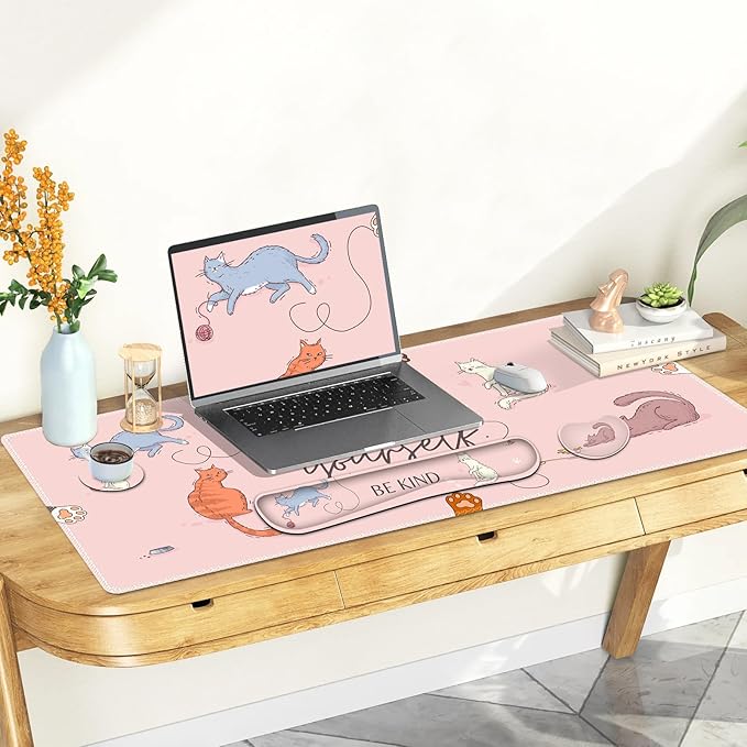 Large Gaming Mouse Pad Set Pink Cats Ergonomics Keyboard Desk Mat with Memory Foam Wrist Rest Extended Game Mousepad Non-Slip Desk Pad Matt Easy Typing Pain Relief I Be Kind to Yourself