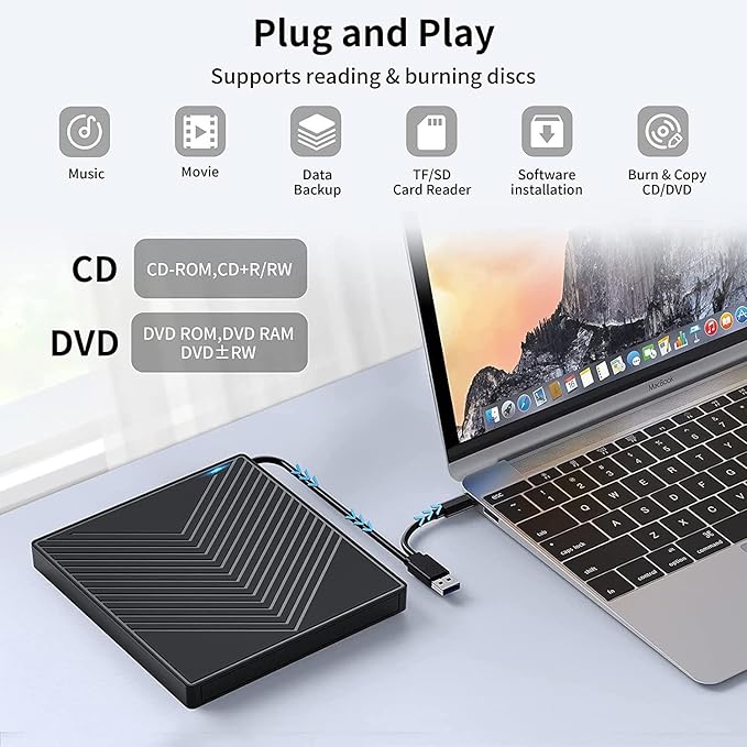 External DVD CD Drive USB 3.0 and Type-C External CD/DVD Drive DVD Burner with SD/TF Card Burner and 4 USB [7 in 1] External DVD Drive for Windows/Linux//Laptop/Desktops/PC