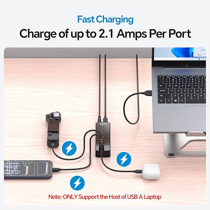 USB 3.0 Hub 10Ports USB-Hub with 7 USB-3.0 &amp 3 BC1.2 Ports Multi USB 60W Data Hub Compatible for USB A Laptops PC All USB Devices Mobile and HDD USB 3.1 Splitter