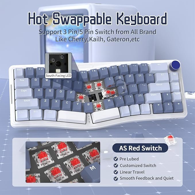 ATTACK SHARK AKS068 Wired Mechanical Gaming Keyboard 65% Alice Layout Hot-swapped Gasket Mount with RGB Backlit VIA Programmable Knob NKRO TKL AS Pre-lubed Linear Red Switch for Win/Mac(Blue)