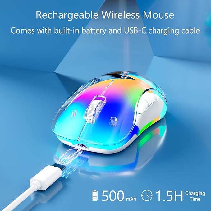 memzuoix 2.4G Wireless Mouse with Customizable Cover &amp 9-Color LED - Rechargeable Ergonomic 1400 DPI 5 Buttons USB Receiver for PC/Mac - Blue
