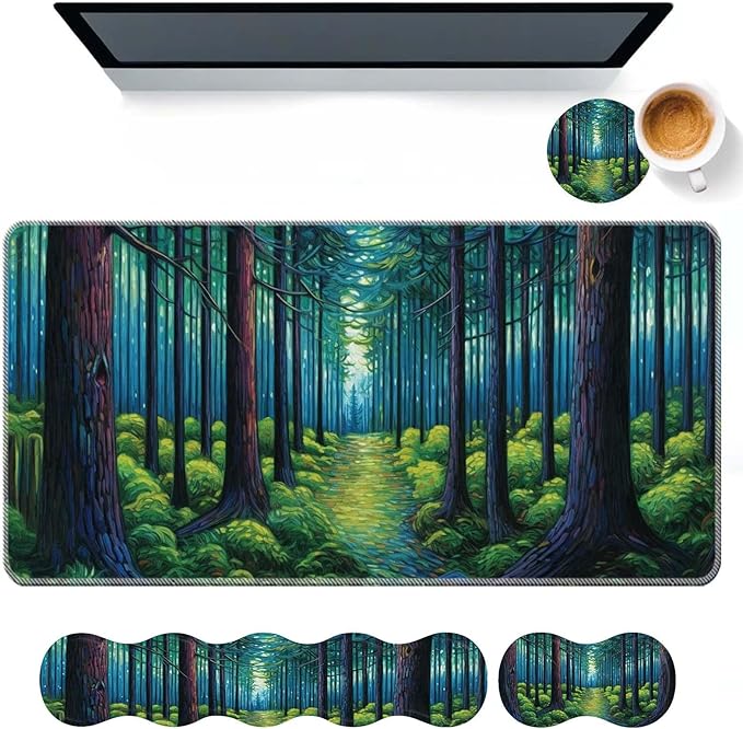Keyboard Mouse Pad SetLarge Desk Pad+Keyboard Wrist Rest+Mouse Pad Wrist Support+CoasterEasy Typing Pain Relief Non-Slip Mousepad Wrist Support Mousepad Set Home OfficeVan Gogh Forest