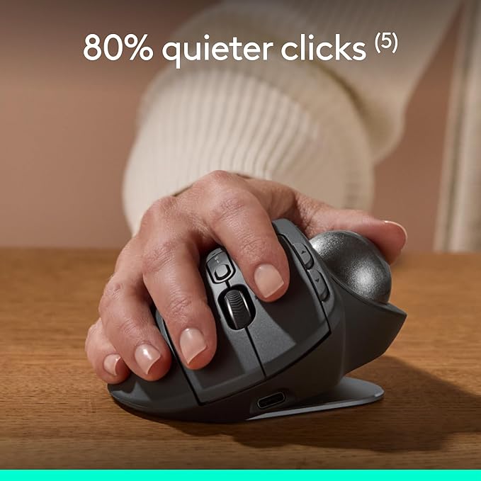Logitech MX Ergo S Advanced Wireless Trackball Mouse USB-C Rechargeable Wireless Ergonomic Mouse with Bluetooth and Encrypted Dongle 6 Programmable Buttons for PC/Mac - Graphite