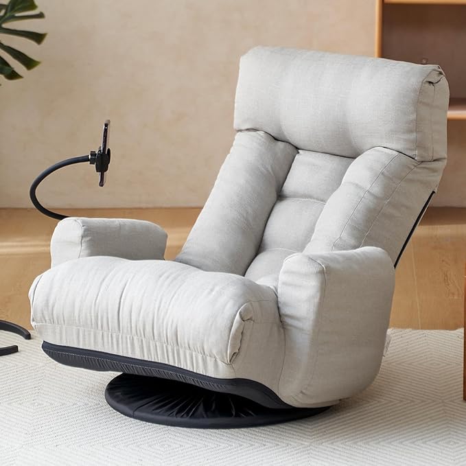 360-Degree Swivel Floor Chair with 5-Position Folding Design Adjustable Headrest Waist Support Armrests and Phone Holder for Living Room (Gray+Fine Linen)