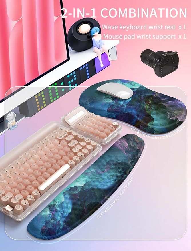 Hokafenle 2in1 Combination Wave Keyboard Wrist Rest and Ergonomic Curvature Mouse Pad Wrist Support for Relieve Wrist Pain Filled with Soft Cushion Memory Foam Nebula Dreamland
