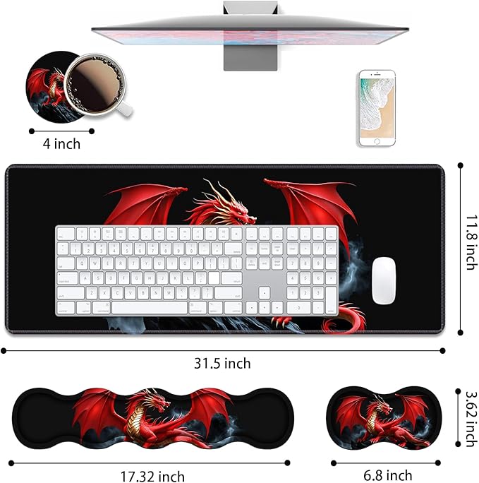 4 in 1 Ergonomic Keyboard Wrist Rest &amp Mouse Pad Wrist Rest Set Large XXL Gaming Desk Mat 31.5x 11.8 with Non-Slip Base Memory Foam for Home Office Study Gaming Red Dragon
