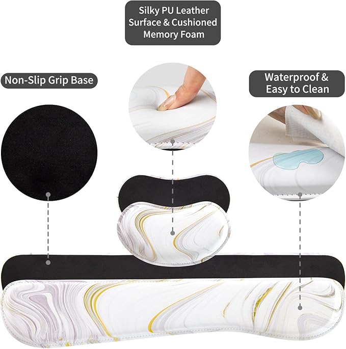 QiyI Leather Desk Mat Set 4-in-1 Large Mouse Pad with Wrist Rest Non-Slip Desk Pad + Keyboard Wrist Rest + Mouse Wrist Support + Coaster Office Desk Accessories Home Decor Supplies White Marble