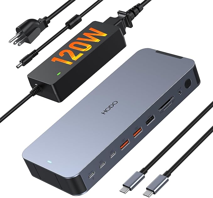 Laptop Docking Station with 120W Power Adapter18 in 1 USB C Docking Station Dual MonitorUSB C HUB with 2HDMI+DP10Gbps USB-A/C PortsEthernetSD/TF AudioScreen Off ButtonUSB C Dock for DellHP