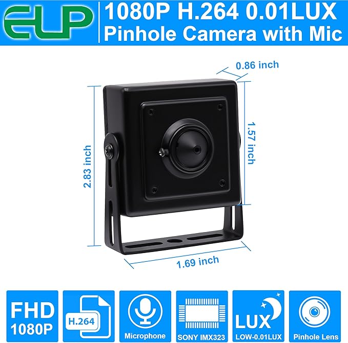 ELP Sony IMX323 Sensor Mini Pinhole Low Light USB Camera with Metal Case 0.01Lux H.264 UVC USB2.0 Video Webcam Home Surveillance Baby Camera for PC Computer Laptop Raspberry Pi