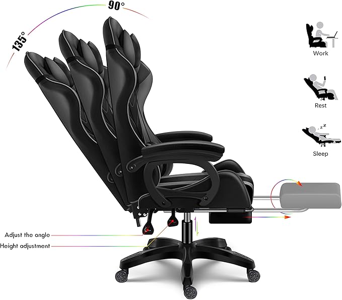Ergonomic Pro Gaming Chair with LED Lights and Speakers Video Game Chair with Massage and Footrest High Back Computer Chair with Lumbar Support and Headrest Adjustable Height for Adult Teens.Pin