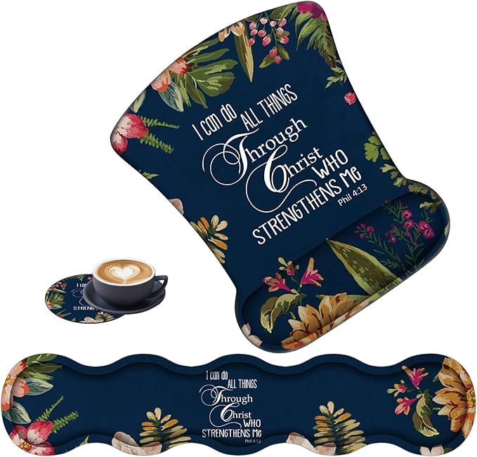 3 in 1 Keyboard Wrist Rest + Mouse Pad and Coaster Ergonomic Gel Mouse Pad and Keyboard Pad Set Comfortable Lightweight for Easy Typing Pain Relie Bible Verse Phil 4-13