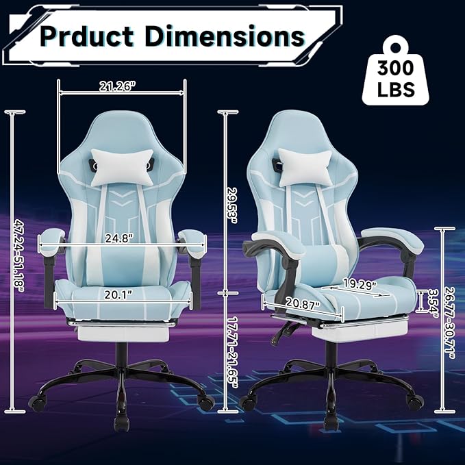 Cute Gaming Chair with Cat Paw Lumbar Cushion and Cat Ears Kawaii Pink Computer Chair with Footrest Ergonomic PC Video Anime Gaming Chairs Recliner for Kids Girls Teens (Blue+White)