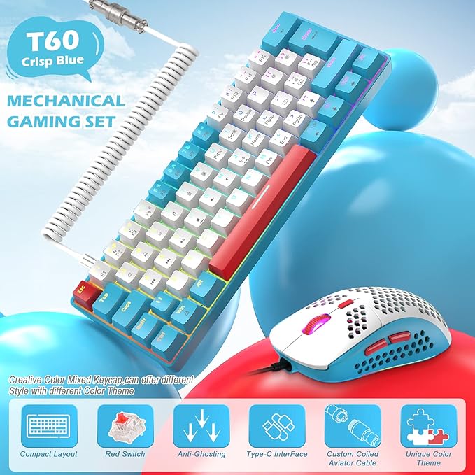 ZIYOU LANG RK-T60 Wired Mechanical Gaming Keyboard and Mouse Combo Mini Portable with Rainbow Backlit 62Key NKRO 6400DPI RGB Honeycomb Mice Coiled Aviator C Cable for PS4/PC/WIN Gamer(Blue/Red Switch)