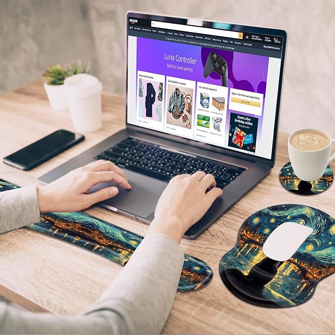 Bxgolkgd Ergonomic Gel Mouse Wrist Rest Pad and Keyboard Pad SetAnti-Slip PU Bottom Easy Typing and Relieve Wrist Pain with Cute Coaster Set (3-Starry Night with Cat)