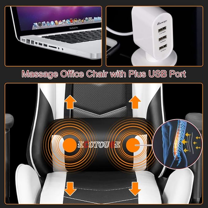 Massage Gaming Chair w/Footrest Video Racing Chair PC High Back Desk Computer Chair PU Leather Recliner w/Headrest and Lumbar Pillow White