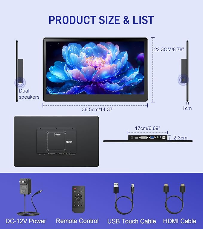 15.6 inch Portable Touchscreen Monitor with HDMI VGA DVI Ports Screen Extender FHD 1920×1080 IPS Small Touch Screen Display Compatible with Laptops PC PS5/4 Industrial (with Remote)