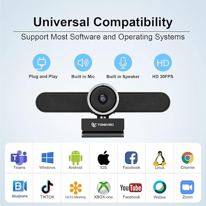 4K Webcam Conference Call TV Room Web Camera with Dual Microphones &ampSpeaker | All-in-One USB Video Camera 116° Wide Angle AI Auto Framing | Compatible with Zoom OBS