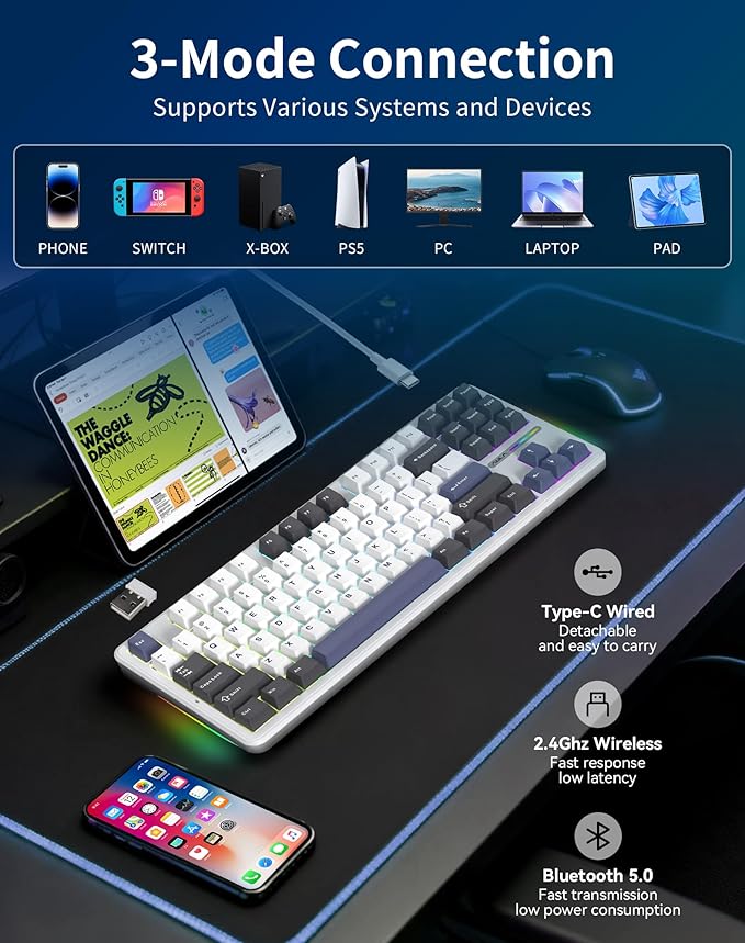 Aula F87 Pro Wireless Mechanical Keyboard 87-Key TKL Tri-Mode (BT5.0/2.4G/USB-C) Hot Swappable Gasket Mount Keyboard 4000mAh Battery RGB Backlit PBT Keycaps Custom Gaming Keyboard for PC Mac