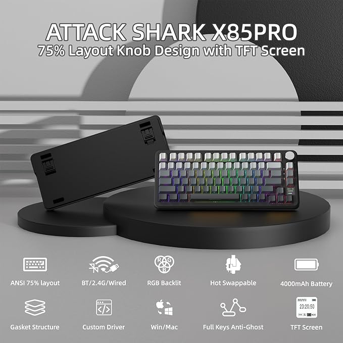 ATTACK SHARK X85PRO 75% Wireless Mechanical KeyboardTFT Smart Display &amp KnobBT/2.4GHz/Wired Gaming KeyboardSide Printed &amp 5 Color PBT KeycapsGasket RGBHot-Swapwith Pro Cable for PC/MAC