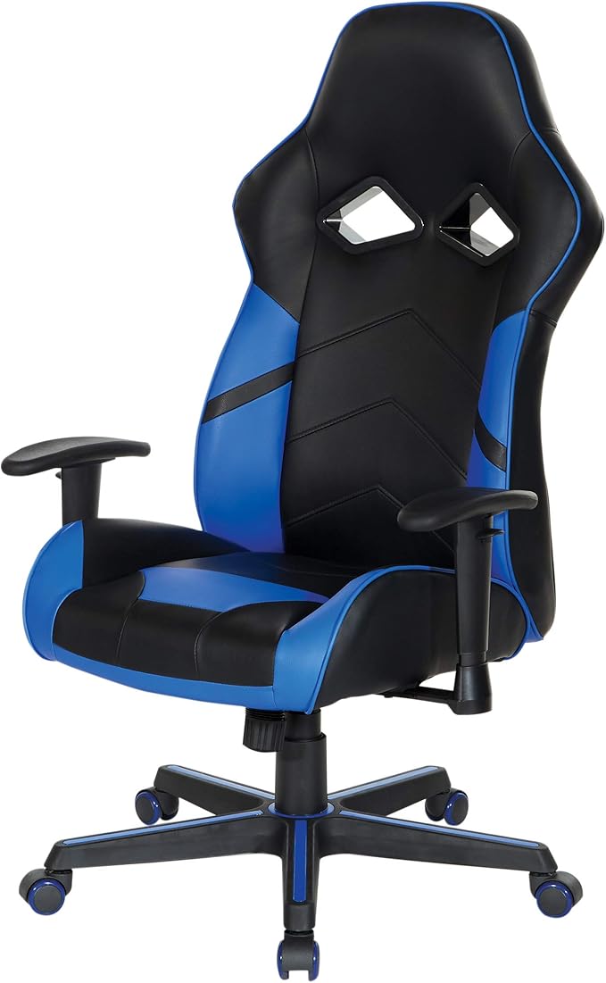 OSP Home Furnishings Vapor Ergonomic Adjustable High Back Faux Leather Gaming Chair with Coil Spring Seat and Integrated Cooling Airflow Blue Accents