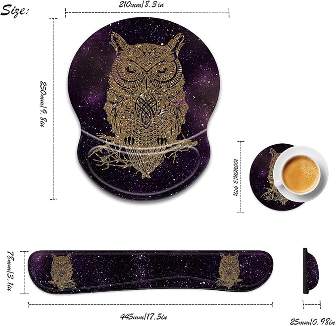 Ergonomic Gel Mouse Wrist Rest Pad and Keyboard Pad SetAnti-Slip PU Bottom Easy Typing and Relieve Wrist Pain with Cute Coaster Set (3-Starry Owl)