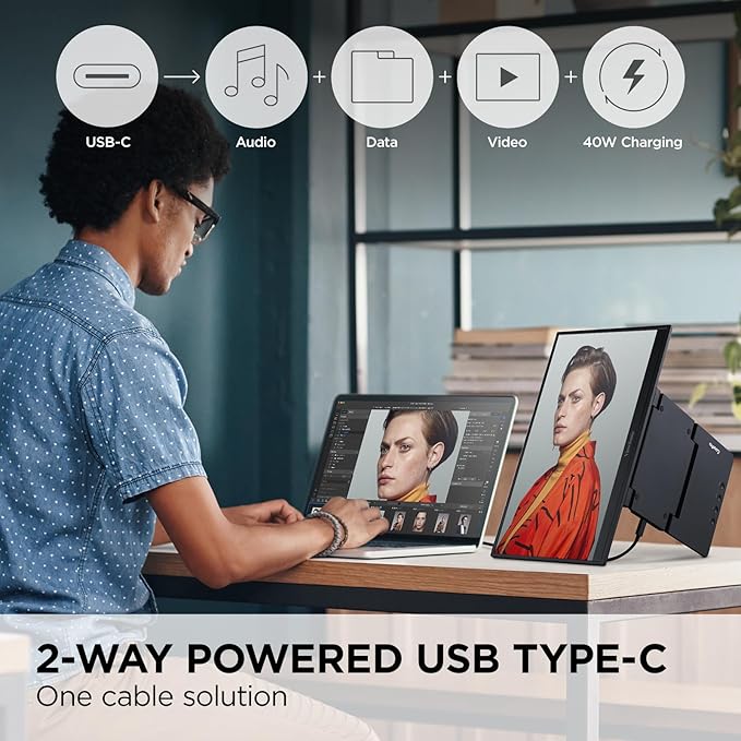 ViewSonic VP1656 15.6 Inch 1200p IPS Portable Monitor with 2 Way Powered 40W USB C Pantone Validated Factory Calibrated Built in Ergonomic Stand with Protective Cover