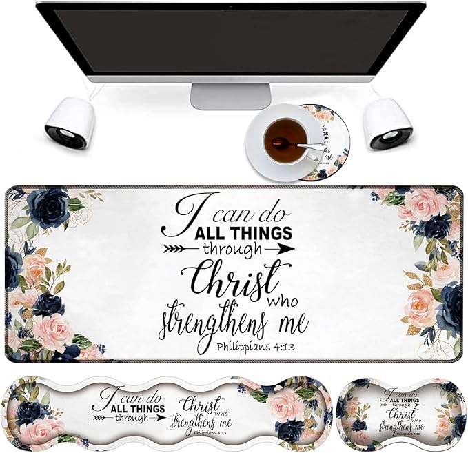 4 in 1 Mouse Pad Combo Large Gaming Mouse Pad + Keyboard Wrist Support + Mouse Wrist Rest + Coaster Table Pad with Stitched Edge Memory Foam Ergonomic Wrist Pad Set Bible Phil 4-13 Floral