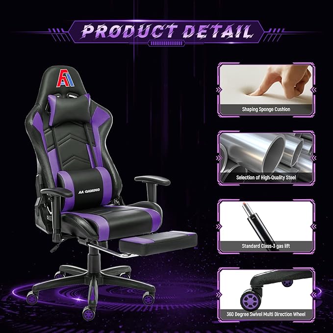 AA Products High Back Ergonomic Gaming Chair with Footrest Lumbar Support Swivel Adjustable for Gamers - Black/Purple