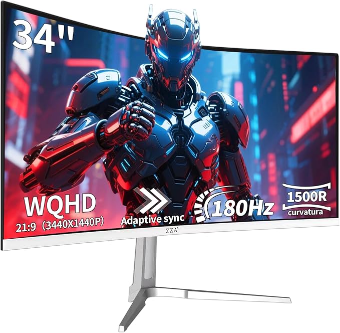 ZZA UltraWide 34 Inch Curved Monitor 1500R PC Screen 180hz Refresh Rate WQHD 3440x1440 Computer Gaming Monitor VA PanelAMD FreeSync Premium | HDR10 | 99% sRGB | VESA