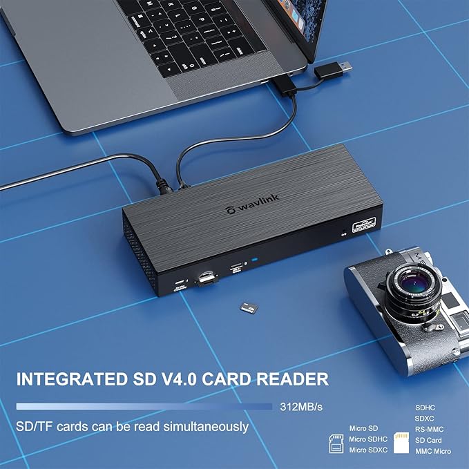 WAVLINK DisplayLink Laptop Docking Station - Quad Monitor 5K/4K@60Hz 100W Charging - Thunderbolt 4/3 USB-C/A - M1-M5 Mac/Windows/Chrome/Ubuntu - 4 HDMI 4 DP 180W Power SD 4.0 CR 2.5Gbps LAN