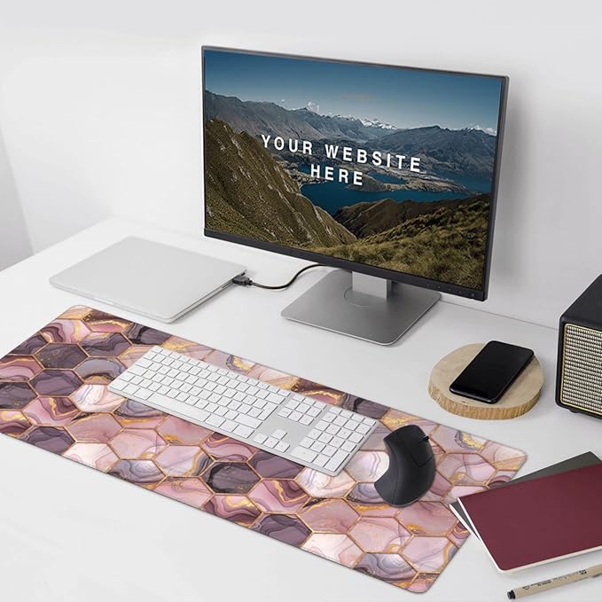 Pink Geometric Marble Large Mouse Pad Gaming Mousepad with Wrist Support Rubber Computer Keyboard Mat for Desk Laptop Non-Slip Full Deskmat Protector Waterproof Writing Pad Office Home 16x35.5 in