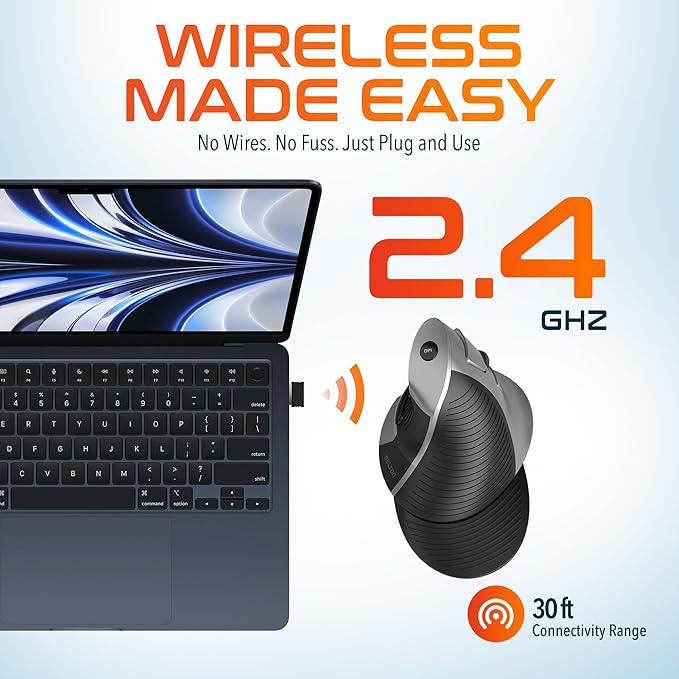 Delton S22 Vertical Wireless Mouse Ergonomic Design 2.4G USB Dongle 6 Buttons 3 Adjustable DPI Levels (800/1600/2400) Removable Palm Rest Silent Click &amp Durable for PC Laptop MacBook - Bla