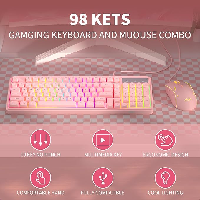 Pink Creamy Keyboard and Mouse ComboMageGee GK980 Wired RGB Backlit Keyboard and Pink Gaming Mouse ComboPC Keyboard and Adjustable Sensitivity Mouse for PC/loptop/MAC
