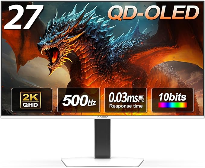 INNOCN 27 OLED 2K QHD 2560 x 1440p 500Hz Gaming Monitor Gaming Console Ready VRR G-SYNC Compatible HDR 500 0.03ms FPS/RTS HDMI 2.1 DP Speaker Pivot Adjustable Stand - GA27M1Q