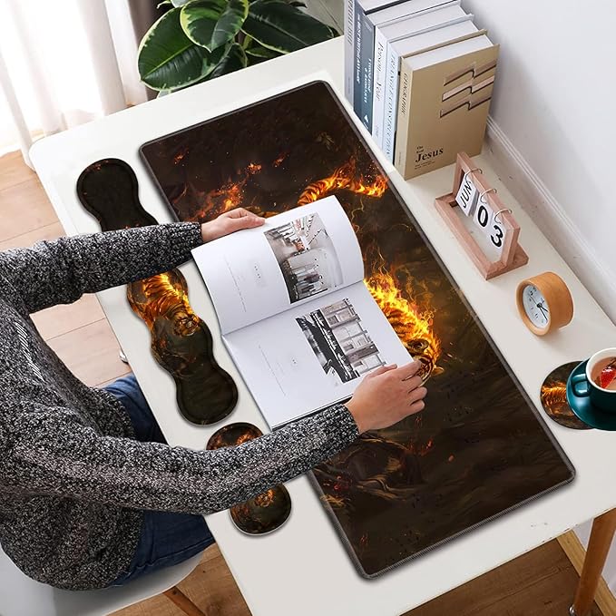 Large XXL Gaming Desk Mat 31.5x 11.8 Ergonomic Keyboard Wrist Rest &amp Mouse Pad Wrist Rest + Coaster Set Non-Slip Base Memory Foam Office and Home Fire Tiger