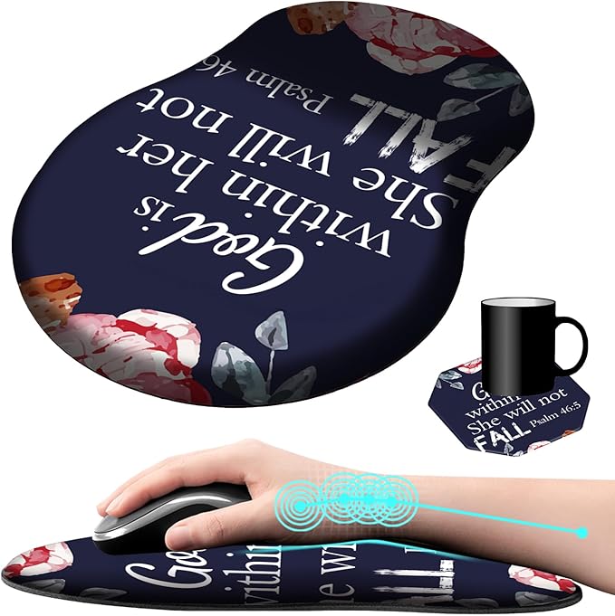 Mouse Pad with Wrist Support Gel Bible Verses Psalm 46-5 Flowers Pattern Design Ergonomic Gaming Mousepad with Wrist Rest for Laptop Computer Home Office Working Mouse Mat + A Cute Coffee Pad