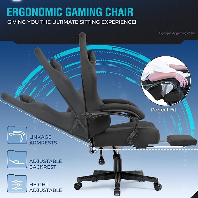 GTPLAYER Big and Tall Gaming Chair Fabric with Pocket Spring Cushion High Back Ergonomic Computer Chair with Footrest for Adults Lumbar Support Swivel Game Chair for Office Gaming 350LBS Black