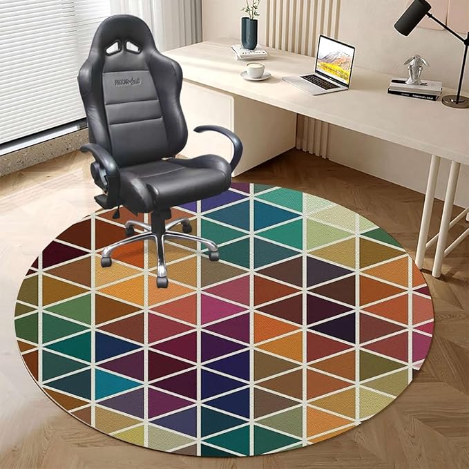 Blue Purple PU Leather Chair Mat Office Protector for Hardwood Floors 80s Memphis Zigzag Anti-Slip Floor Protection Mat Multi-Purpose Chair Carpet for Desk Geometric Diameter 47.2 in