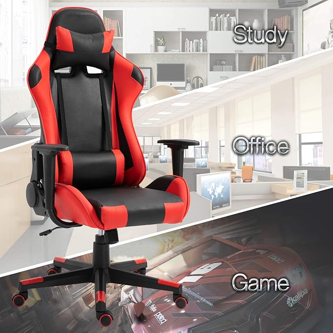 Modern-Depo Gaming Chair with Headrest and Lumbar Support Height Adjustable Swivel Office Chair High-Back Recliner Black Red