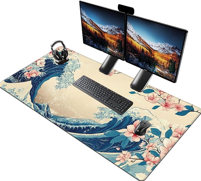Japanese Sea Wave Extended Large Mouse Pad for Desk 48x24 Big Gaming Mouse Pads with Stitched Edges Non-Slip Rubber Base Computer Desk Mat Mouse Mat for Home Office Work