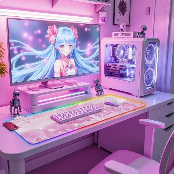 RGB Mouse Pad for Gaming I Large Mousepad with 14 Led Modes I Keyboard Pad Gaming Desk Mat I Non-Slip Rubber Base Mouse Mat I 900x400x4mm Waterproof Mousepad for Women Girl Gamer I Light Pink