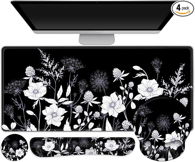 Gaming Mouse Pad Large Desk Mat Cute Desk Pad Protector 4in1 XXL Mousepad + Keyboard Wrist Rest+Mouse Wrist Rest+Coaster Set with Ergonomic Desk Pad for Home Office PC Computer Black White Flowers