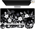 Gaming Mouse Pad Large Desk Mat Cute Desk Pad Protector 4in1 XXL Mousepad + Keyboard Wrist Rest+Mouse Wrist Rest+Coaster Set with Ergonomic Desk Pad for Home Office PC Computer Black White Flowers
