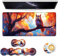 Keyboard Mouse Pad Set Extended Gaming Mouse Pad+Ergonomics Keyboard Wrist Rest Support Memory Foam Easy Typing Pain Relief 4Pcs XL Ultra Thick Desk MatAutumn Owl Falling Leaves