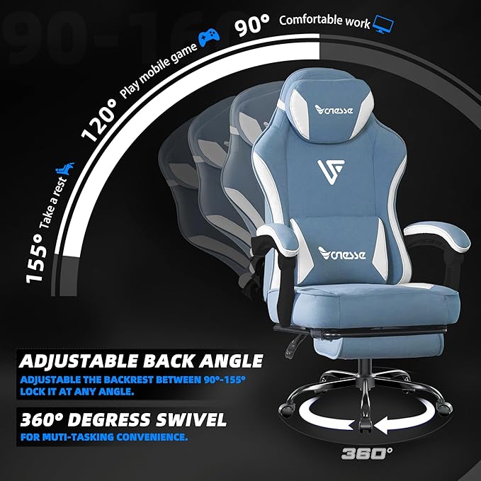 Vonesse Gaming Chair Computer Chair Fabric with Pocket Spring Cushion Office Chair with Footrest and Massage Lumbar Support Reclining Gaming Chairs for Adults 250LBS (Blue)