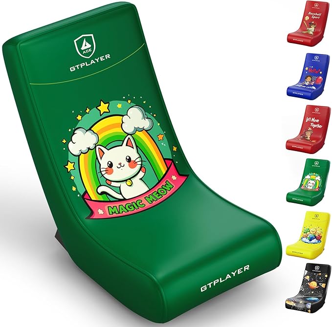 GTPLAYER Gaming Floor Rocking Chair – Rocker Floor Game Chair with Angle Limiter Stylish Patterned Design Comfortable Video Game Seat Green Cat Pattern