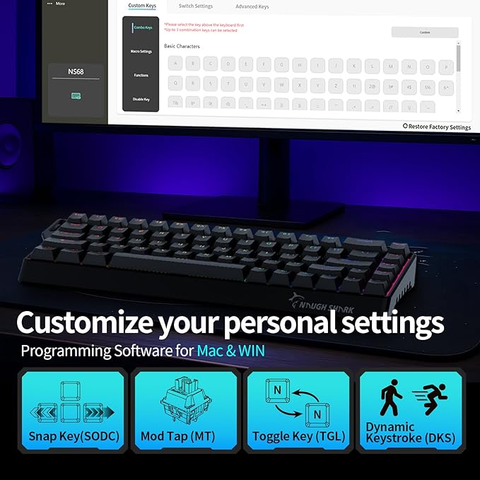 GK GAMAKAY x NaughShark NS68 Hall Effect Rapid Trigger Wireless Gaming Keyboard Bluetooth/USB-C/2.4GHz 8KHz Polling Rate 0.01mm RTOutemu Peach Crystal Magnetic Switch Keyboard (Black-Side Printed)