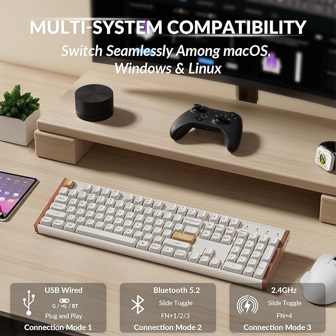 Keychron K10 HE Hall Effect Keyboard Wireless Magnetic Switch Hot Swappable Adjustable Actuation Rapid Trigger Mode with Aluminum + Wood Frame Full-Size Custom RGB for Mac Windows Linux - White