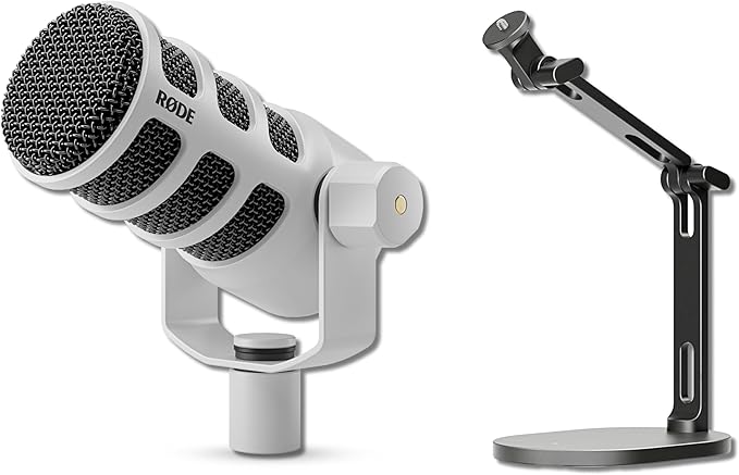 Rode PodMic Cardioid Dynamic Broadcast Microphone (White) with Rode DS2 Podmic Stand 10' XLR Cable and Polishing Cloth